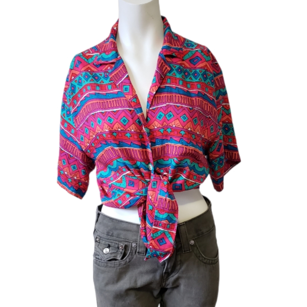 French Navy medium vintage 90s aztec print button down short sleeve shirt